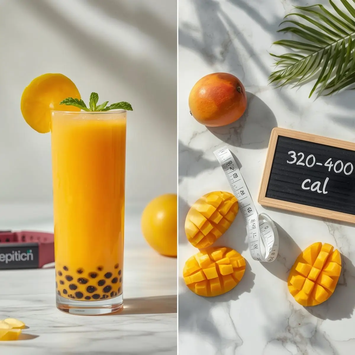 Boba-licious drinks with tapioca pearls and fruity toppings set against a tropical beach with trees and ocean waves